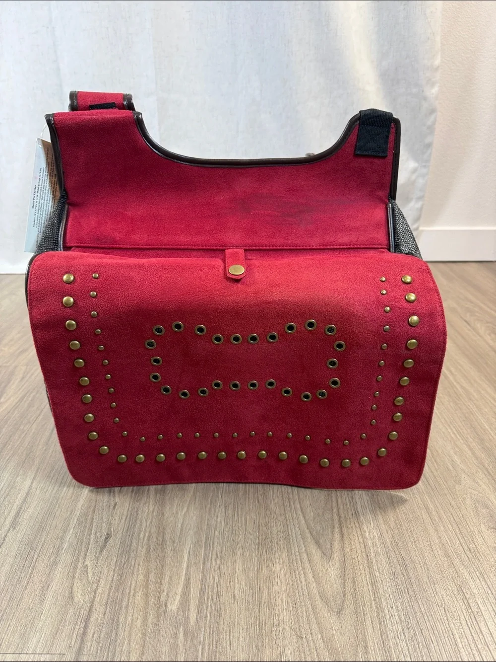 NWT Red Suede Studded Crossbody Pet Carrier Bag - Mesh Sides
